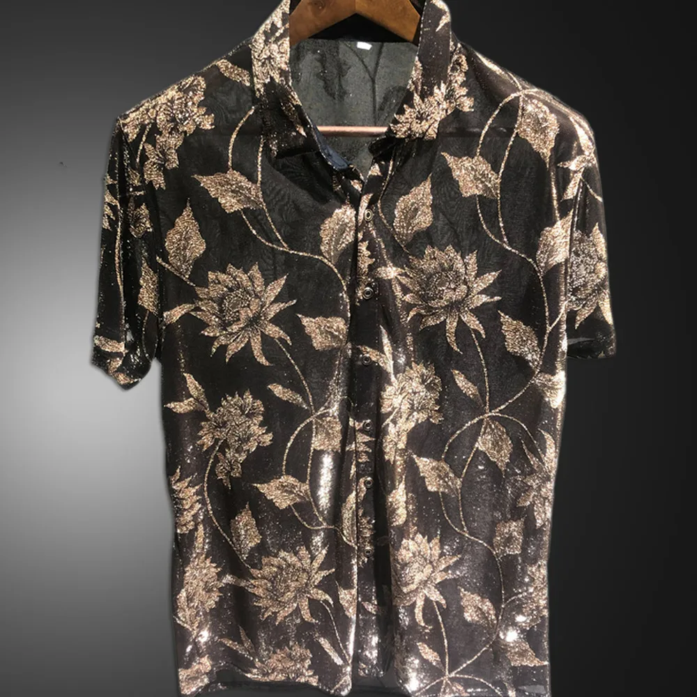 Fashion Transparent Gold Shirt Spring Summer Plus Size Office Party Casual Shirt Top New 2025 Sexy Maple Flower Shirt For Men