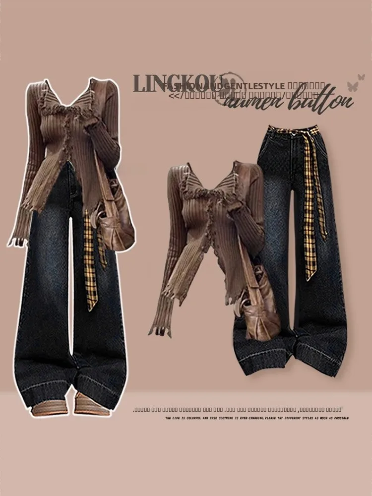 

Вязаный свитер в стиле ретро и джинсы с высокой талией, женский облегающий комплект из двух предметов для осени и зимы, корейский модный комплект