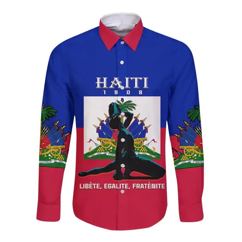 Kemeja pria Haiti bendera Karibia laut Haiti Retro tato antik 3D dicetak Streetwear Harajuku kemeja pria kasual atasan lengan panjang