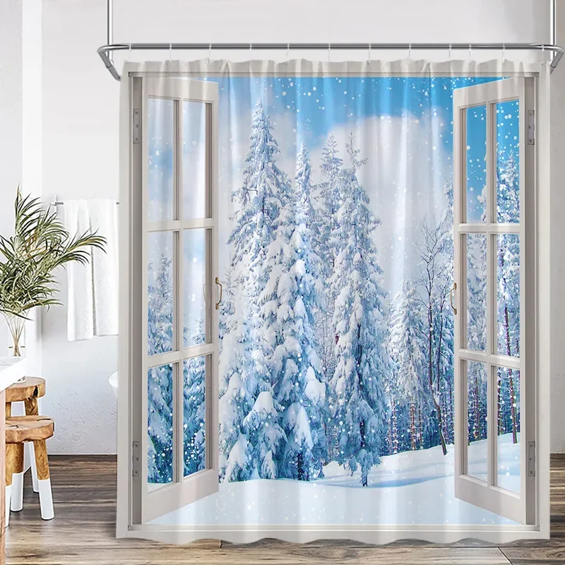 Winter Landscape Shower Curtains Brown Window Cedar Snow Mountain Nature Scenery Home Bathroom Decor Bath Curtain Set With Hooks