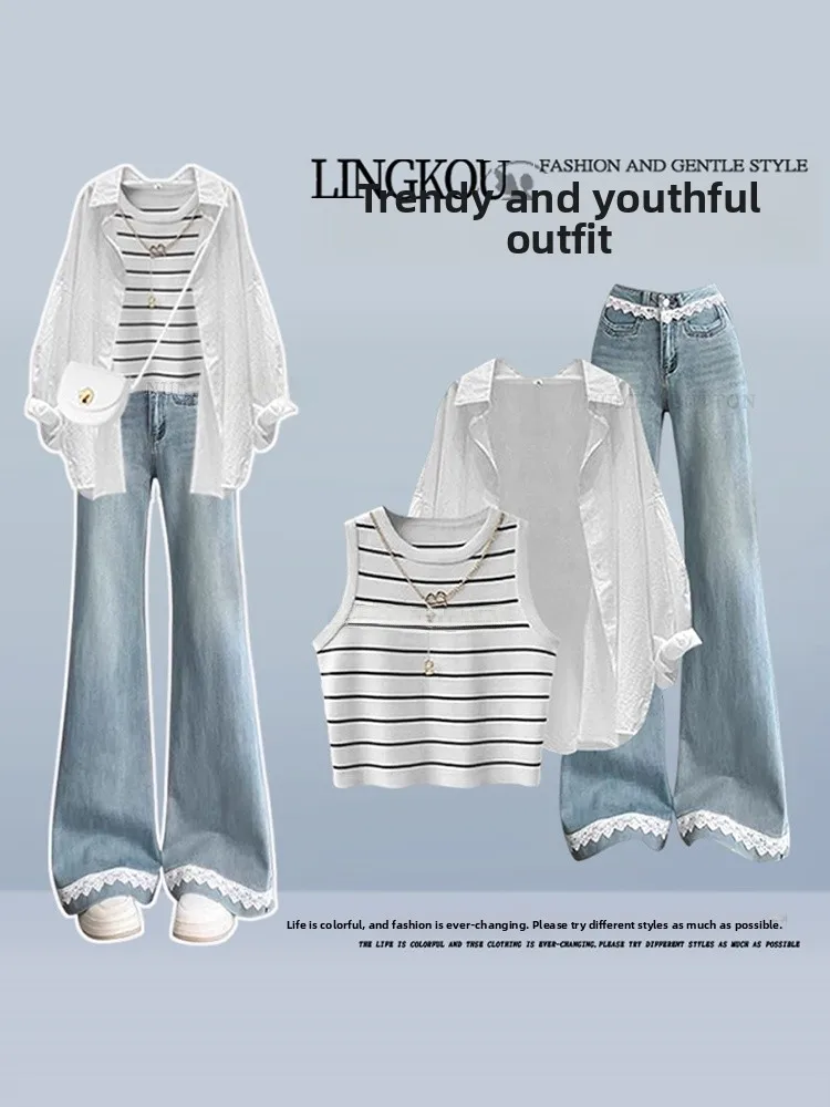 

Light Mature Style Lace Splicing Flared Jeans Strap Three Piece Set Women's Anti-Uv Shirt Casual Shirt Long Sleeve Autum...