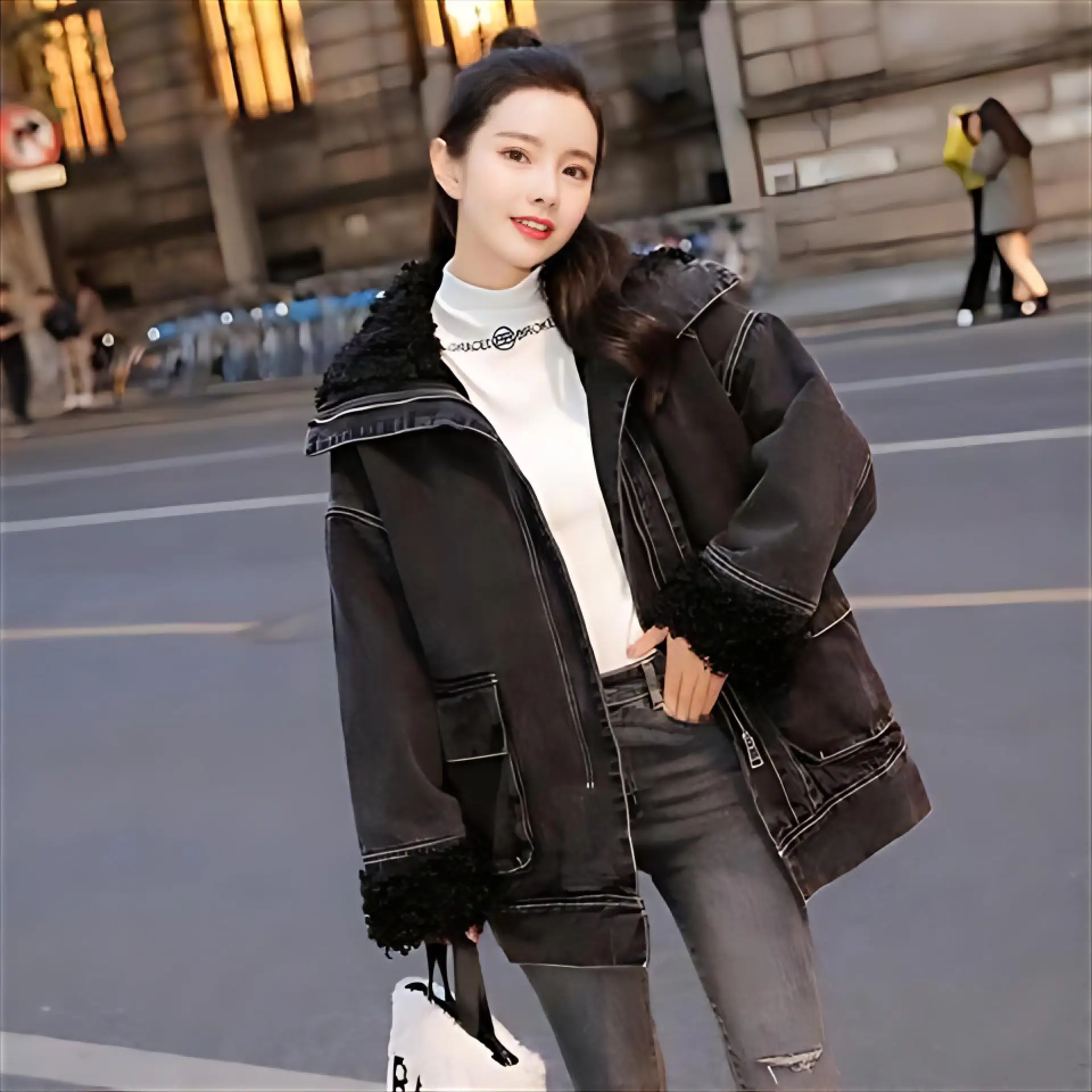 

Джинсовое пальто для женщин, темные меховые плюшевые женские зимние облегающие куртки с капюшоном в стиле пэчворк, забавные субкультуры, городские социальные сборки, куртки Y2K