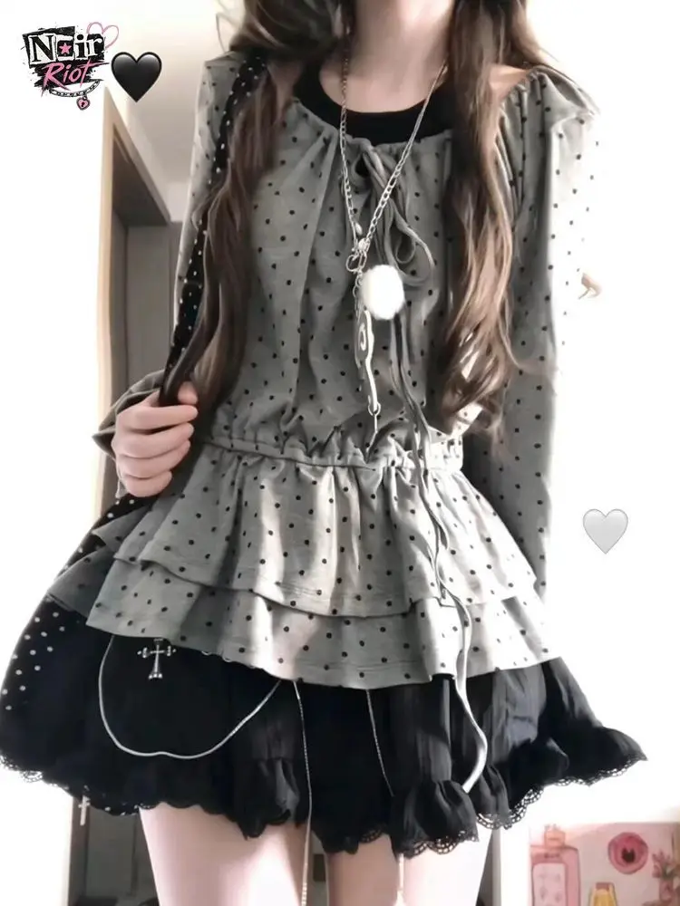 Y2K Coquette Subculture 2 Piece Set Women Polka Dot Fake Two Piece Long Sleeve Tie Waist Ruffle Lace Mini Skirt Casual Outfit