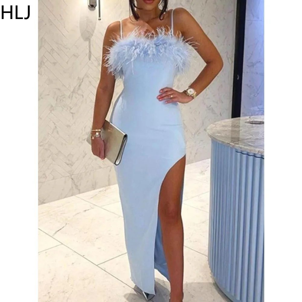 

HLJ Fashion Feather Splicing Bodycon Suspenders Dress Women Thin Strap Sleeveless Slim High Slit Vestidos Sexy Party Clothing