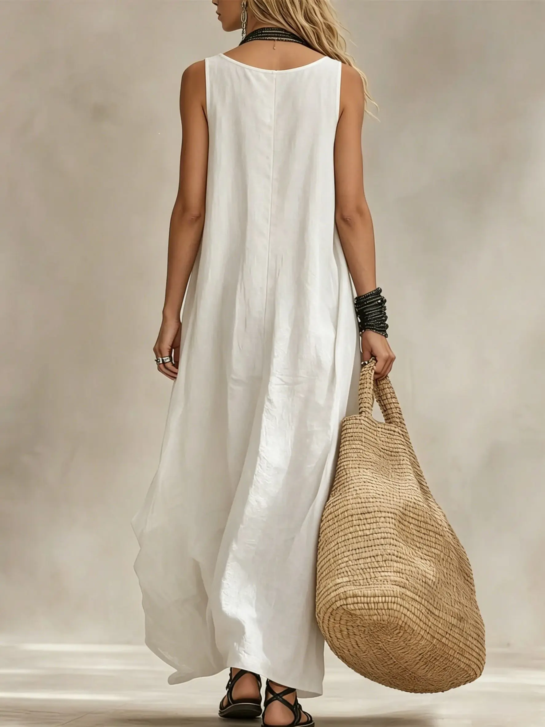 Damen Fließendes Ärmelloses Langes Kleid Lässiger U-Ausschnitt Locker Sitzendes Maxikleid Vielseitiges Sommer-Urlaubs-Party-Pendler-Outfit – Detail 4