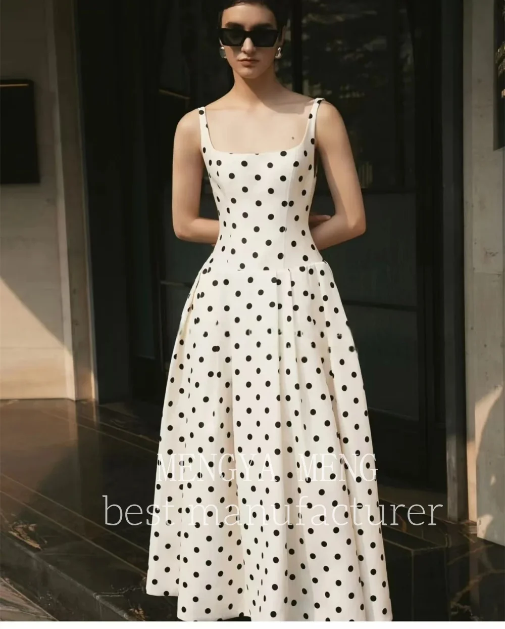ZHUISHU 2025 Vintage Black White Polka Dot Strapless Square Neck Satin A-line Maxi Dress Fitted Waist Evening Gown Party Dress
