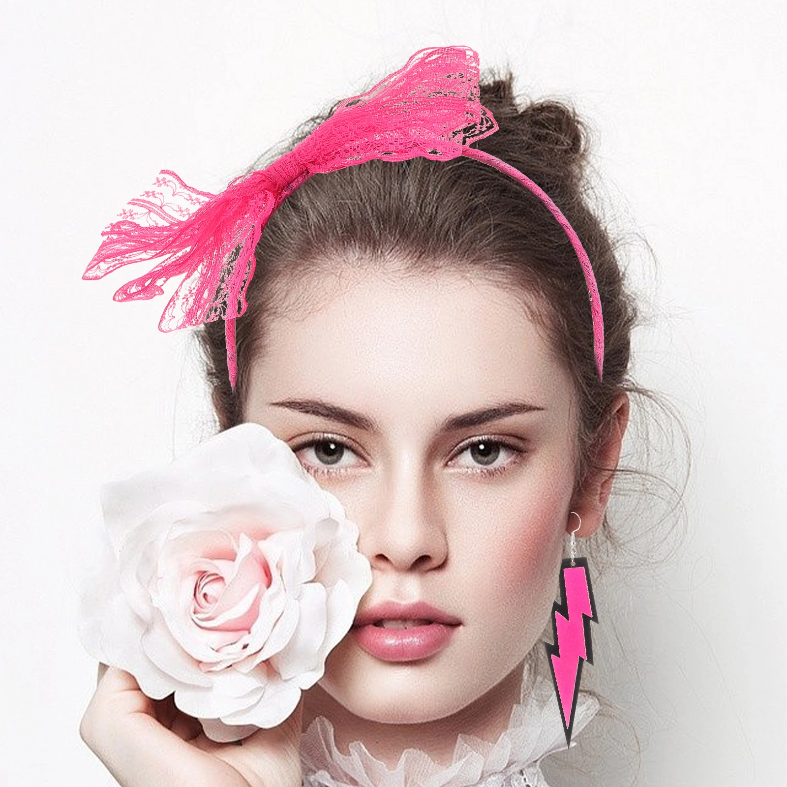 

Retro Hair Accessories Set Sparkle Neon Lace Bow Headband Earring Halloween Headbands Earrings for Girls Delicate Fashion