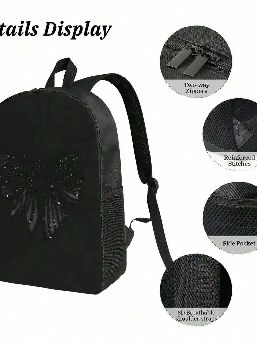 

Black Sequin Bow Fashion Backpack For Adults Stylish Durable Waterproof Casual Bag For School College Travel