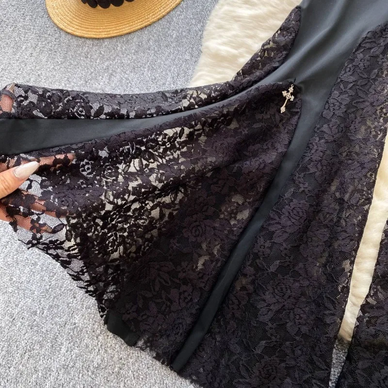 Women New Loose Casual Fashion Simple Yankee Premium Niche Design Sense Pure Color Lace Net Yarn Extravagant Flared Trousers