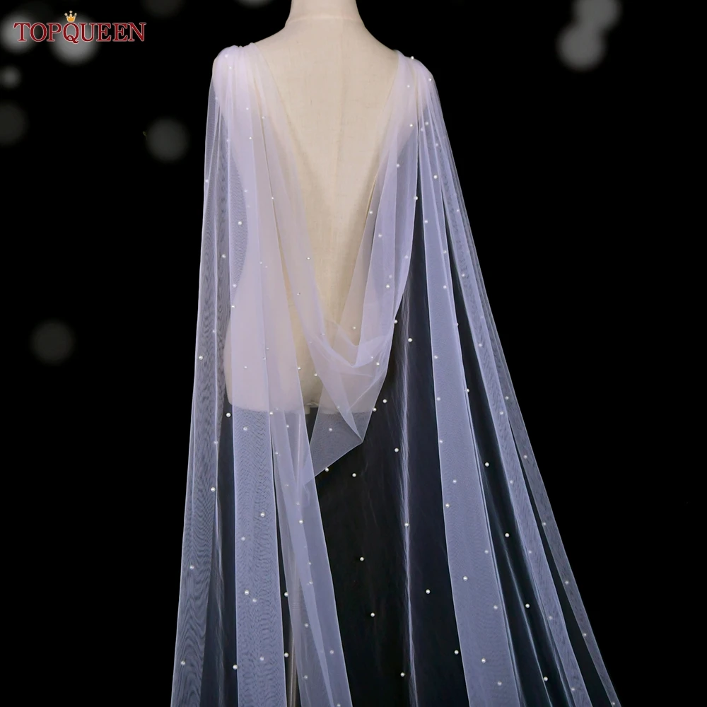 Topqueen G41 Bridal Cape Sluier Met Parels Bridal Shawl Bolero Capes Voor Jurk Sluier Bruid Tule Zomer Bridal Cape