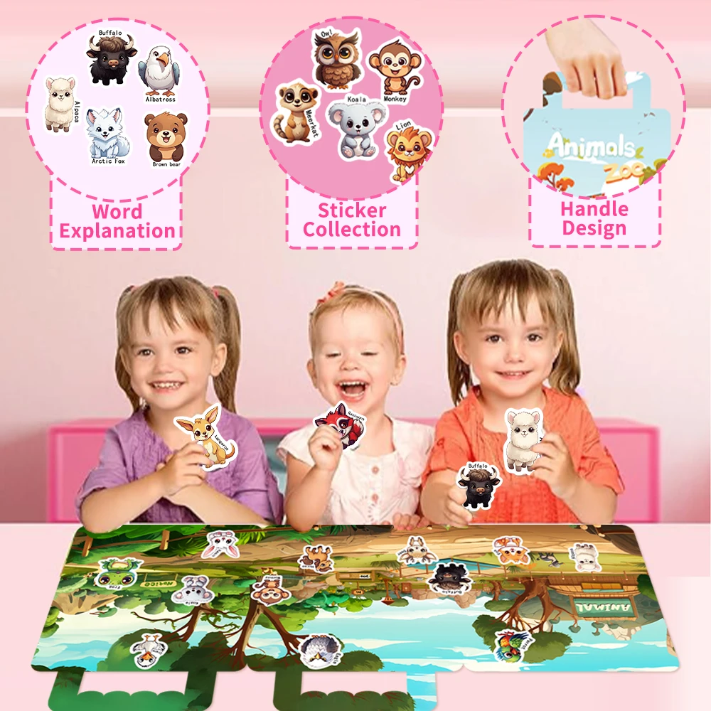 40PCS Reusable Sticker Book Sticker Animals Removable Stickers for Kids Fashion Activity, Creative Sticker Story Books