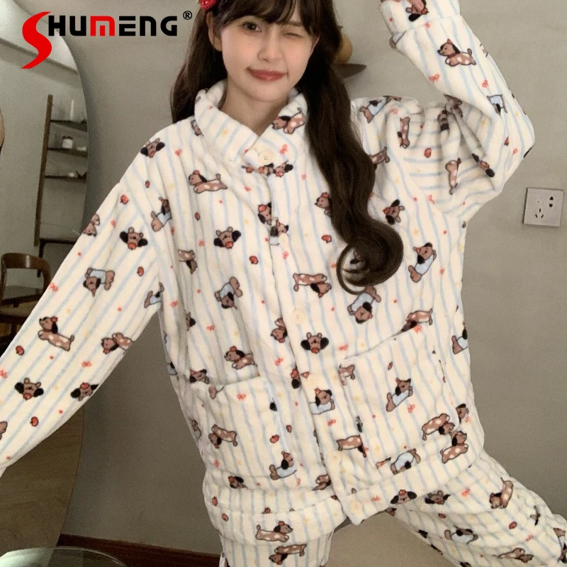 

Японский флисовый пижамный комплект для женщин: осенне-зимний утепленный домашний костюм, свободный, с мультяшным принтом