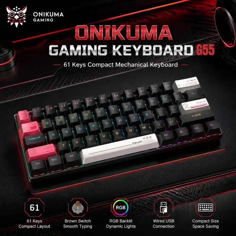 ONIKUMA G55 Gaming Keyboard 61 Keys Mechanical Brown Switch RGB Dynamic Lighting Wired Compact Keyboard For Computer Gaming