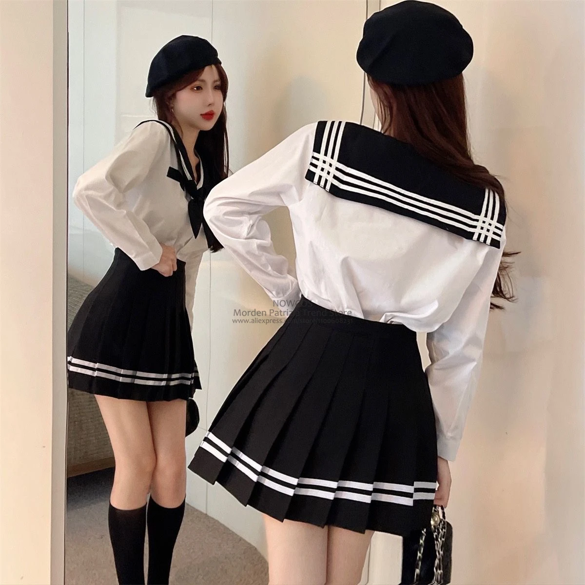 Japanese Korean Girls JK Uniform Sets Daily Black Sailor Suits Goldfish Knot Navy Collar Tops High Waisted Pleated Skirts Women