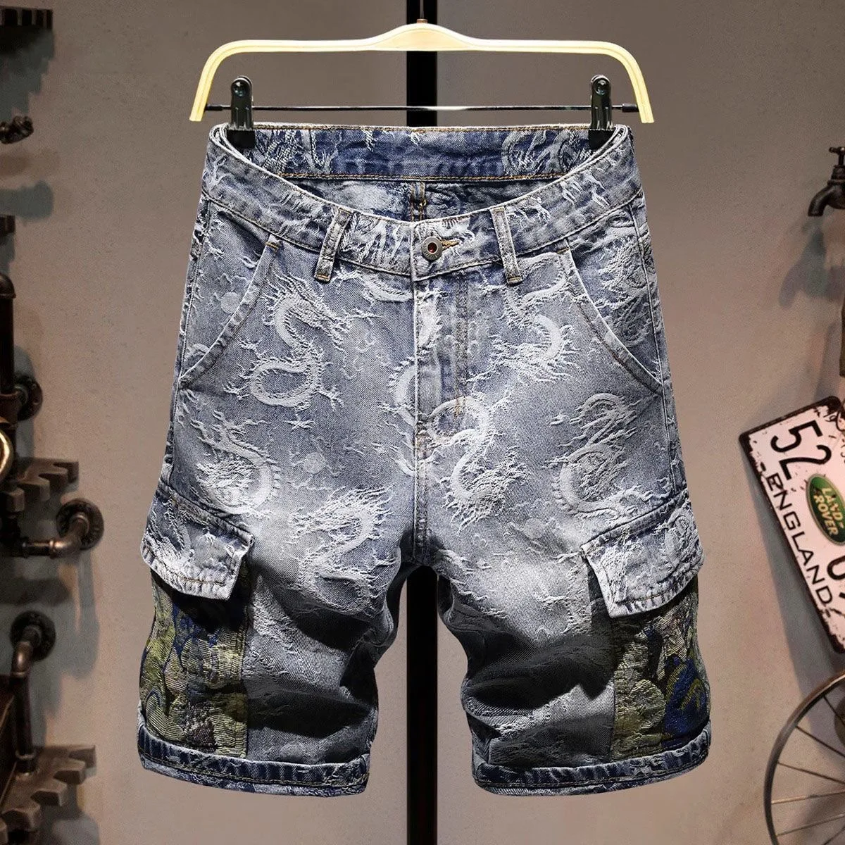 Summer New Fashion Trend Printed American Retro Sport Straight Leg Jeans Men's Casual Loose Comfortable High Quality Shorts
