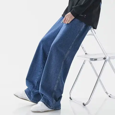 새로운 streetwear 느슨한 청바지 남자 한국 스타일 패션 느슨한 스트레이트 넓은 다리 바지 남자 브랜드 의류 블랙 라이트 블루 S-3XL