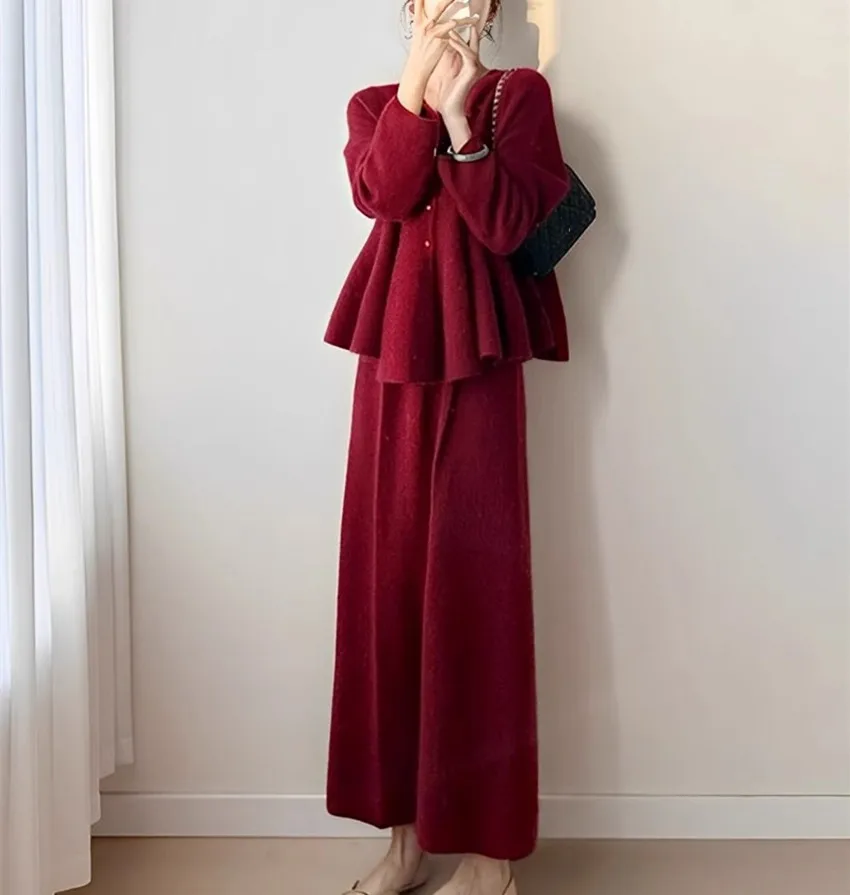 2024 Autumn Winter Red Sweater Suits Fashion Women O Neck Single Breasted Ruffles Knitted Cardigan Top+Long Skirts Two Piece Set