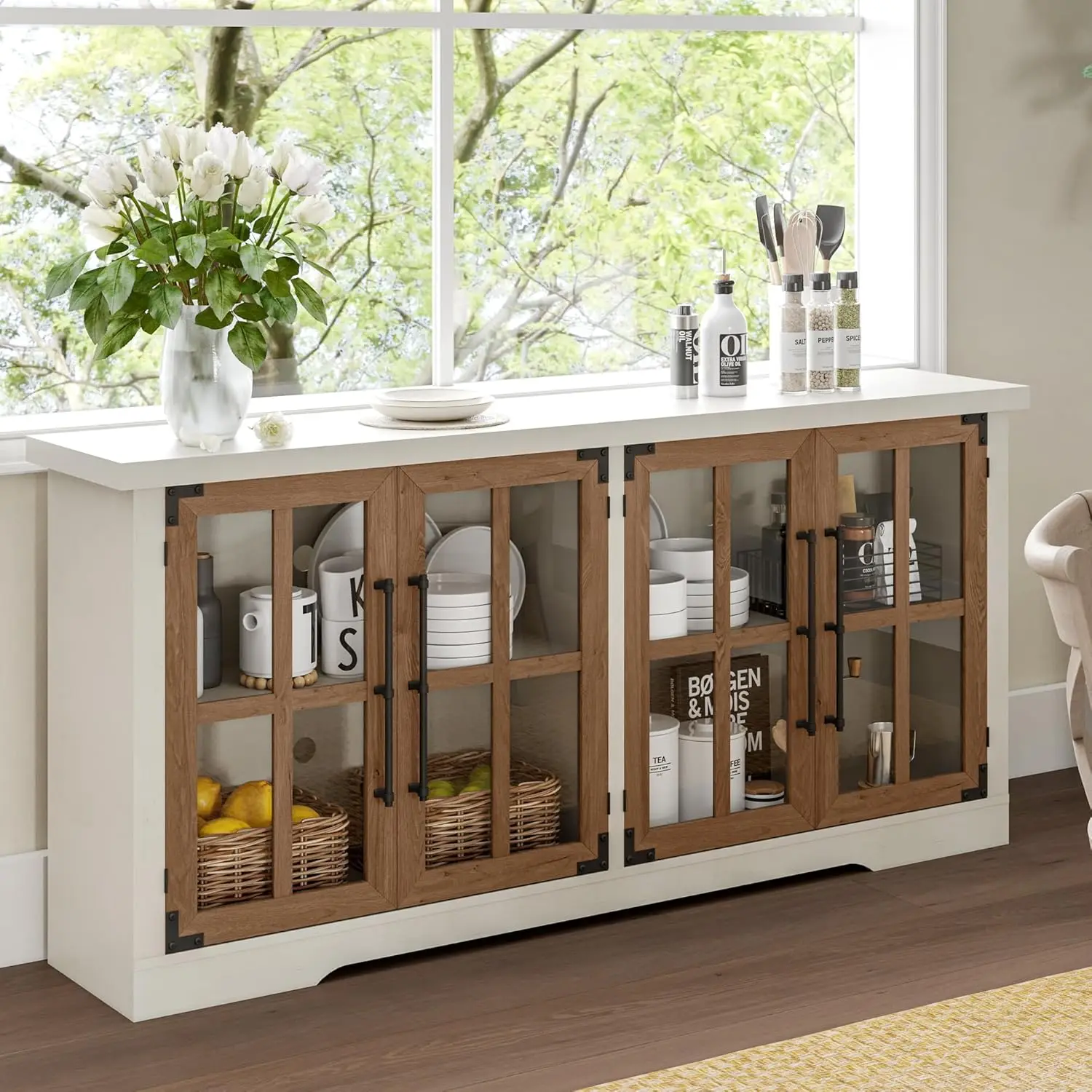 

Buffet Sideboard Cabinet with Storage Modern Farmhouse Cabinet with 4 Glass Doors Adjustable Shelf Wood Buffet Table Cabinet