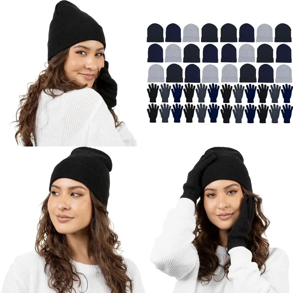 

48x Winter Beanies & Gloves Combo Pack, Bulk Pack for Men Women, Warm Cozy Gift