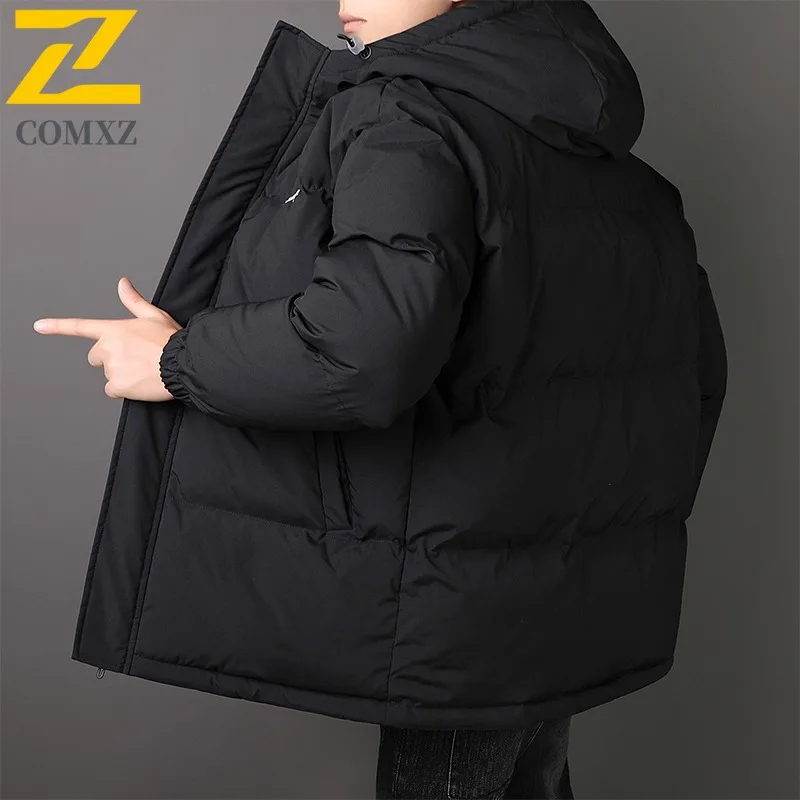COMXZ Men Winter Cotton Coat Trendy Hooded Thickened Camping Lightweight Padded Jacket Cold Weather Warm Street Style Outerwear