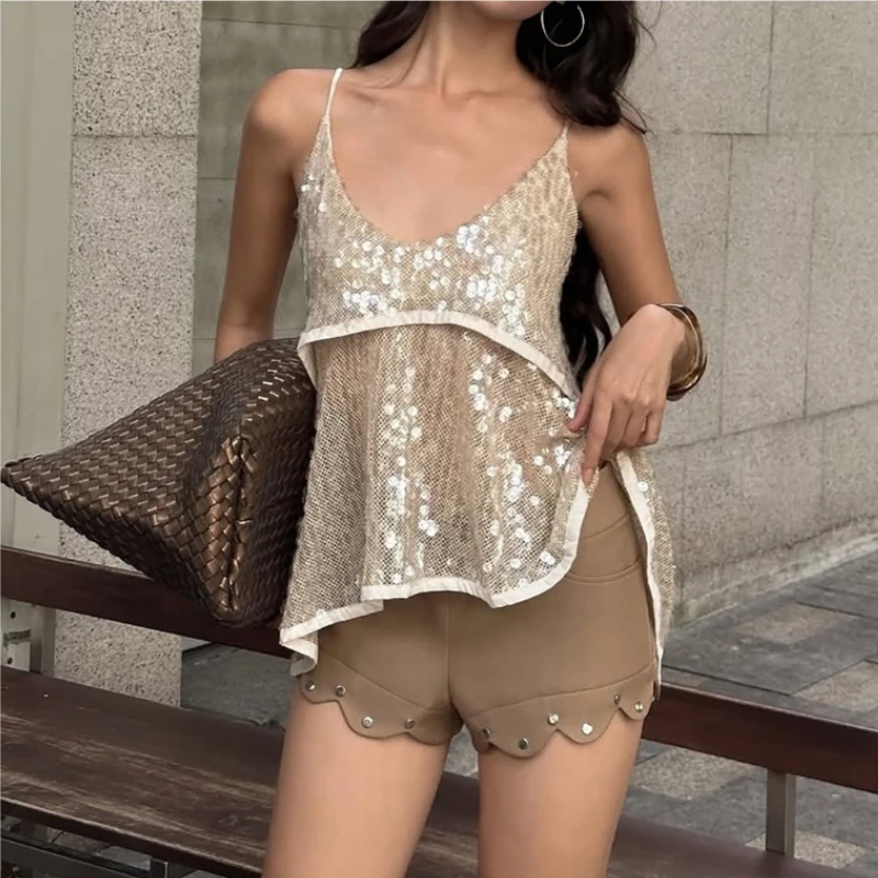 

bb Spice Girls Sexy Sequins Tank Top Women's Loose Backless Hollow Out Shining Straps Vest Female Fashion Party Club Top New