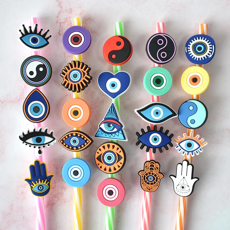 

25PCS/set pvc blue evil eyes straw cover topper hot sell design Evil eyes straw toppers for tumble straw topper mold for kids