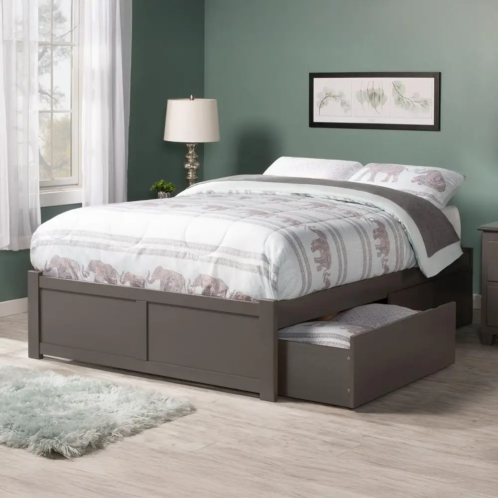 

HILL Modern King Solid Wood Platform Bed with Storage Drawers, Gray Finish, USB Charger, 82.5 L x 78.75 W x 16 H, Contemporary