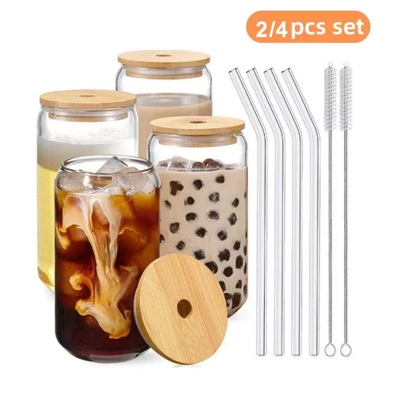 400ml Bubble Tea Glasbecher mit Bambusdeckeln und Strohhalmen – Glasbecher für Bier, Eiskaffee, Wein, Cocktails und Getränke