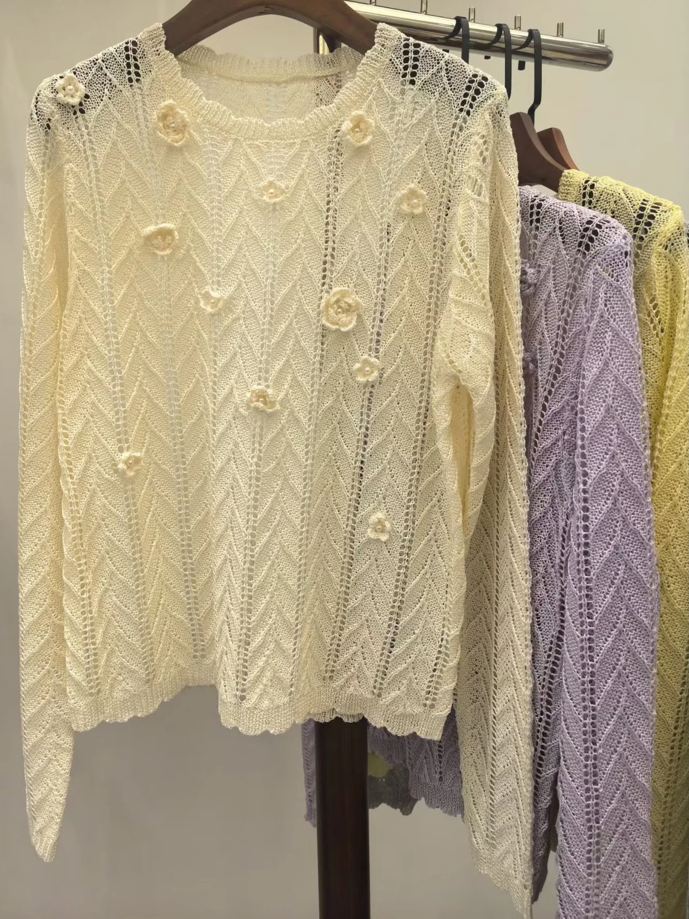 

Элегантный вязаный кружевной топ ручной работы в европейском стиле для женщин, тонкая блузка с круглым вырезом, французский стиль, ажурная, с длинными рукавами