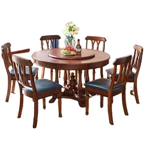 American Style All Solid Wood Dining Room Table and Chair Set Modern Extended Round Table 6 Chairs