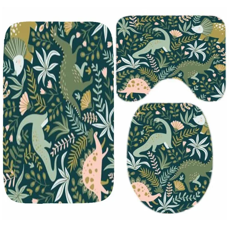 Dinosaurs Tropical Leaves Flower Bath Rugs Mats Set for Boy Toilet Jungle Dino Kid Bathroom Carpet Accessories Home Decor Gift