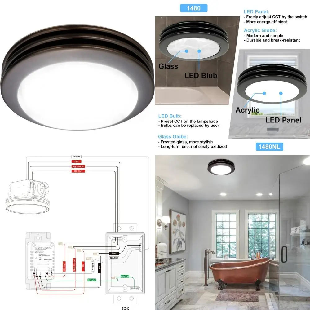 

Round 80CM 2.0 Sones Ultra Quiet Bathroom Exhaust Fan with LED Light and Oil Rubbed Bronze Glass Cover