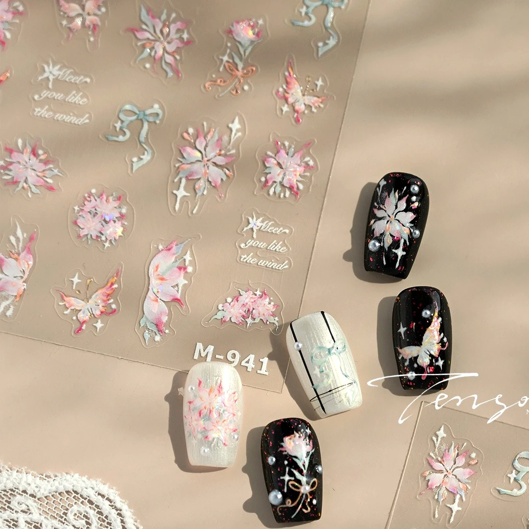 Dressy Chinese Style Pink Flower Butterfly Bowknot Magnolia Flower Wildflower Shimmering Pearl Nail Art Stickers Manicure Decals