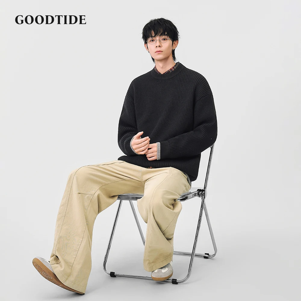 2025 Winter New Fashion Men's Casual Crew Neck Sweater Waffle Knit Pullover Contrast Trim Soft Long Sleeve Jumper Top