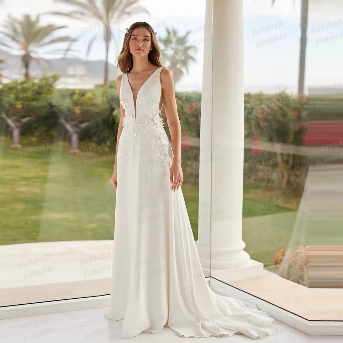 Elegante Prinzessin Brautkleider eine Linie für Frau Applikationen sexy V-Ausschnitt ärmellose rücken freie Brautkleider formale Vestidos de Novia