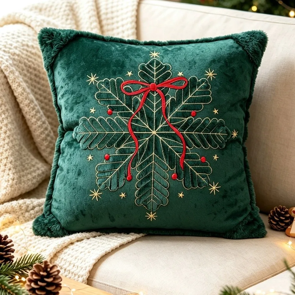 Embroidered Christmas Pillow Cover Square Bell Bow Throw Cushion Cover Snowflake Machine Washable Farmhouse Pillow Cover Gift