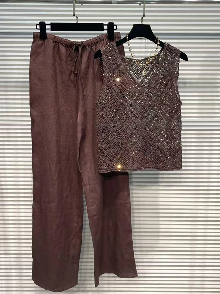 

Sleek Sequin Hollow out Short Sleeveless V-Neck Vest Comfortable Casual Outfit Top with Pants Set for plus Size Women