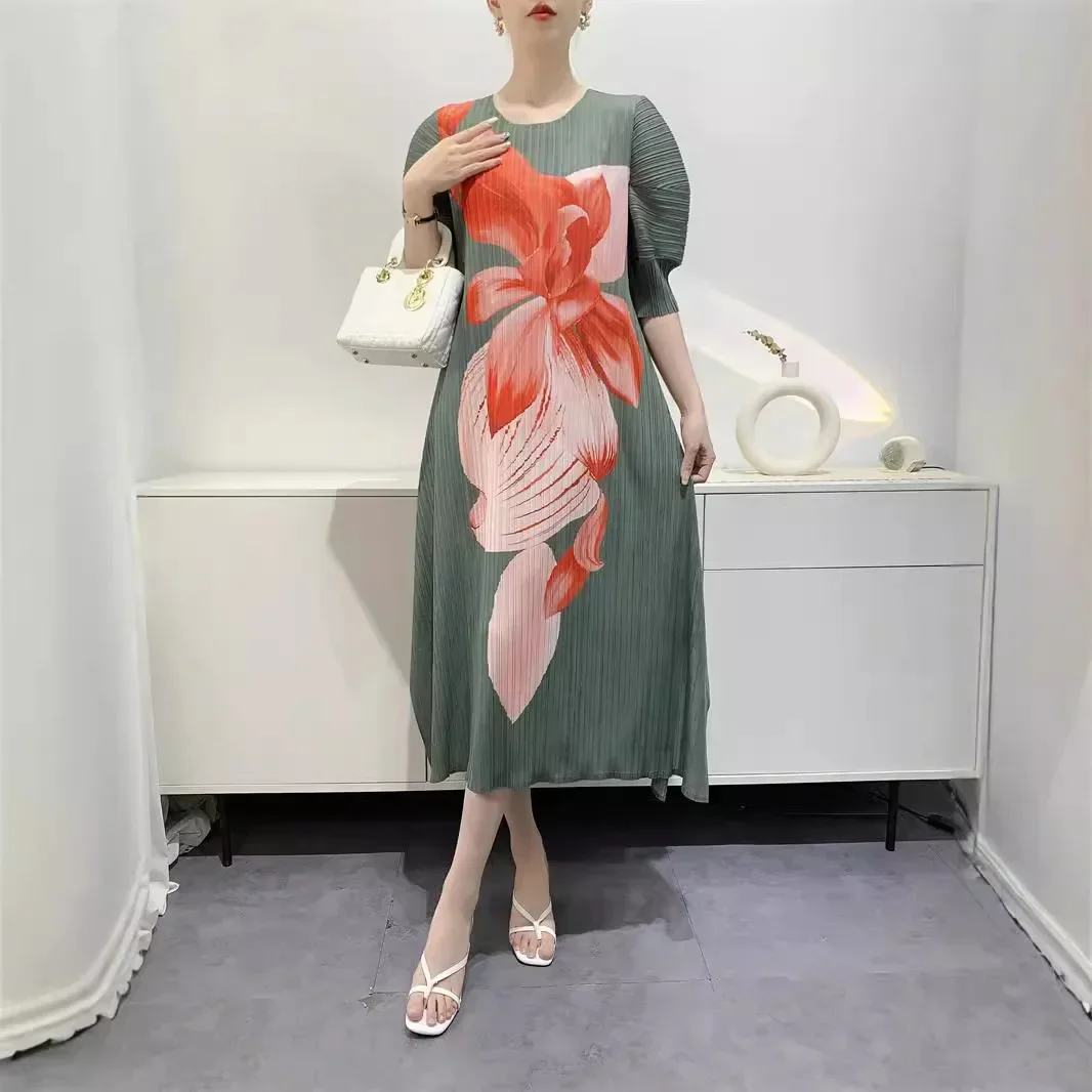 

Miyake 2024 Summer Korean Version High-end Fashionable Pleated Flower Bud Printing Temperament Elegant Stretch Dress for Women