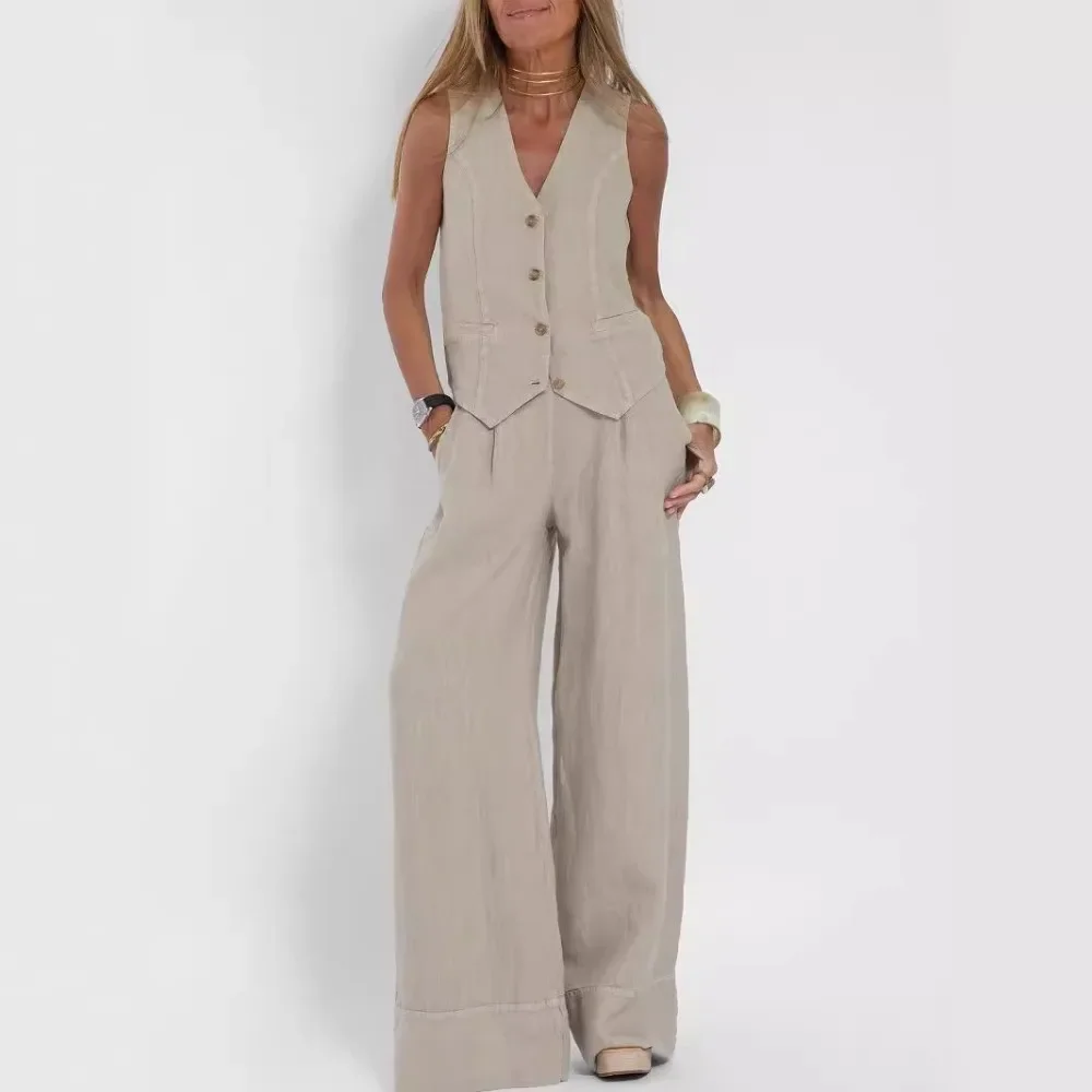 

2 Piece Suit for Women Spring Summer Suit Set Stylish Women's Cotton Linen Suits Sleeveless Vest Wide Leg Pants Set for Office