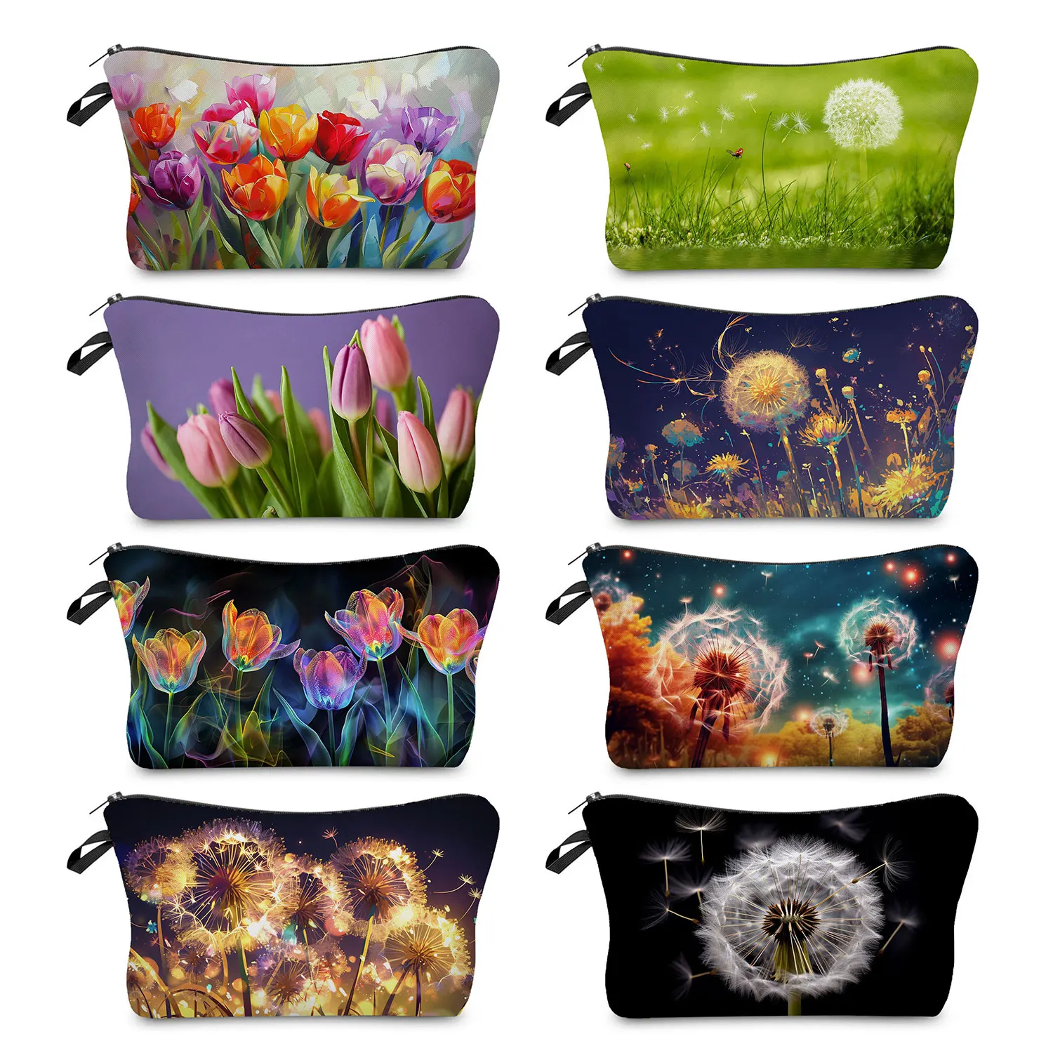 Tulip Dandelion Print Makeup Bags Outdoor Travel Portable Storage Bags Casual Plant Floral Double Sided Cosmetic Bags For Women