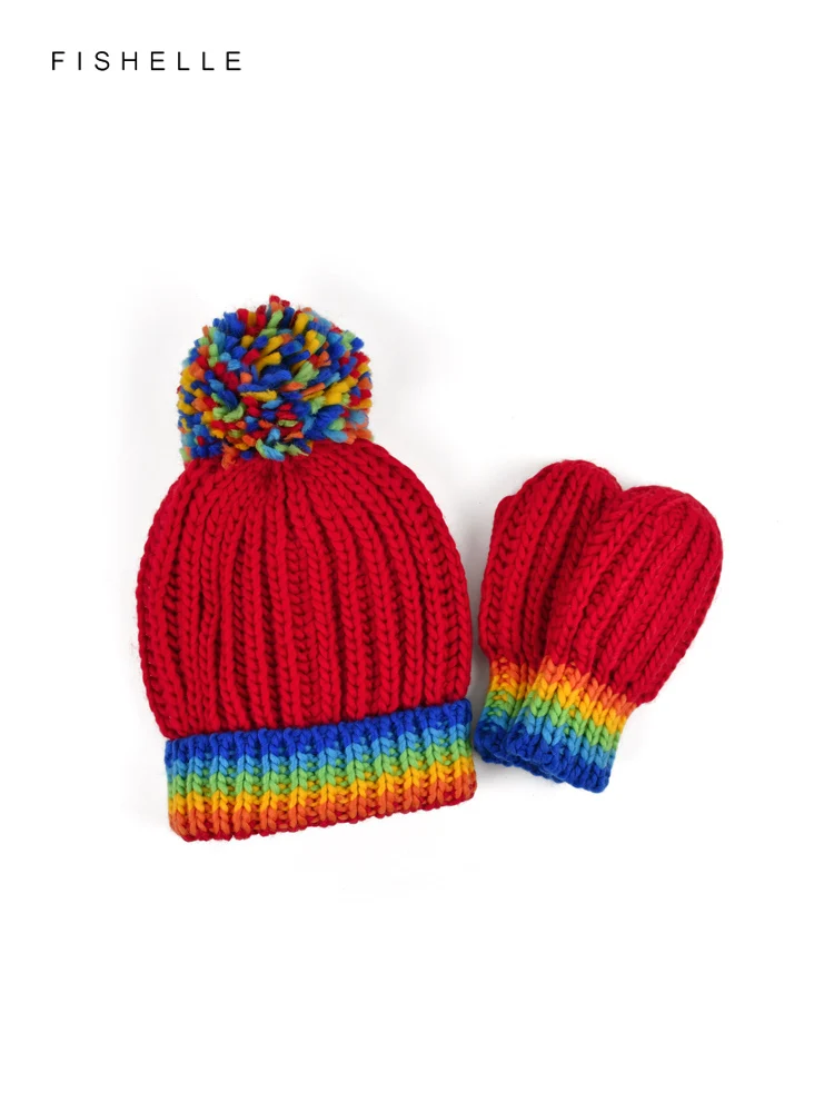 Rainbow knitting wool hat women\'s warm hat autumn winter knitted hat adults kids red color cap christmas new year child gift