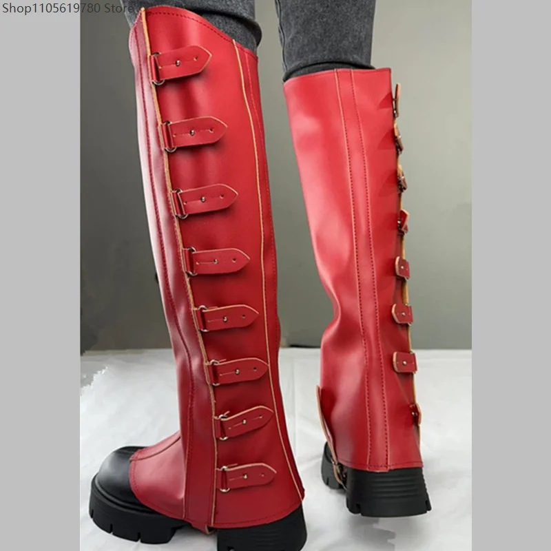 Retro Medieval Cosplay Knee‑High Boot Covers Faux Leather Multi‑Buckle Fastening Adjustable Size Leg Protectors Cosplay Prop