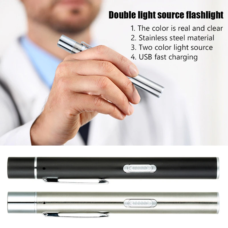 Mini Medical LED Flashlight USB Charging Lighting Dual Light Source Torch Portable Hospital Care Pen Clip Lights Dentist Nursing