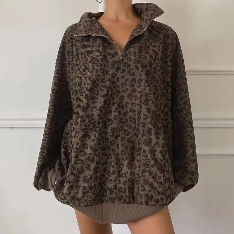 Autumn New Retro Leopard Pattern Stand Up Collar Coat for Women Early Autumn Design Loose Medium Length Hoodie Trendy
