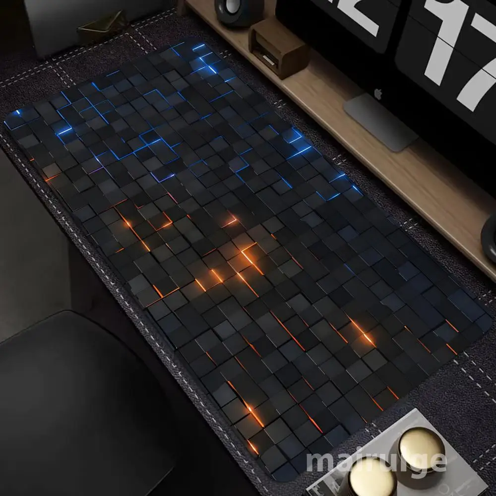 3Dブロックネオンライトマウスパッド 大型コンピューターオフィスゲームテーブルマットXXL ラバー滑り止めステッチキーボードマット ロングデスクパッド