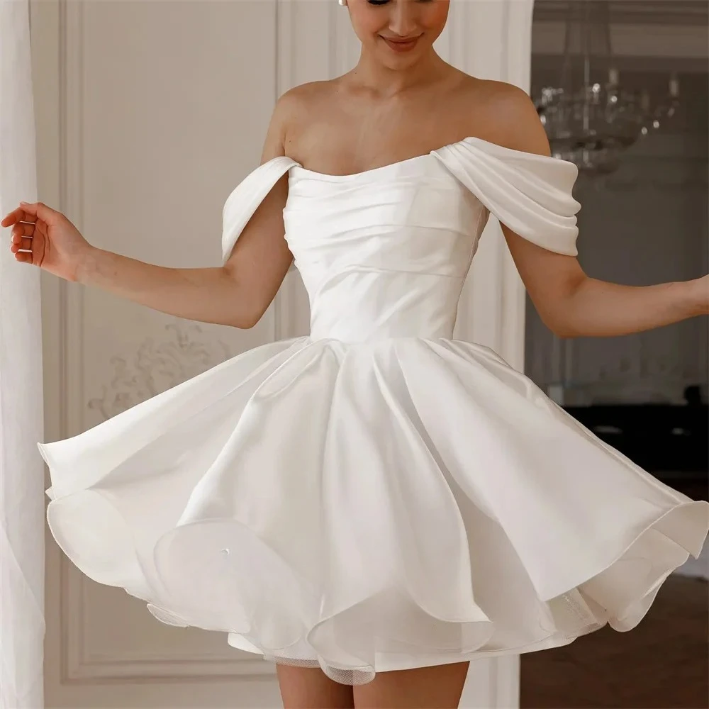 

Customized Love Simple Off Shoulder A-Line Short Stain Wedding Dresses Elegant Above Knee Pleats Mini Back Lace Up Bridal Gown