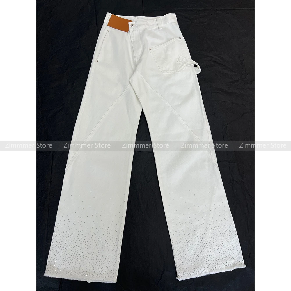 Women's Niche Design High Street Spice Rhinestone Raw Cut White Denim Wide Leg Trousers