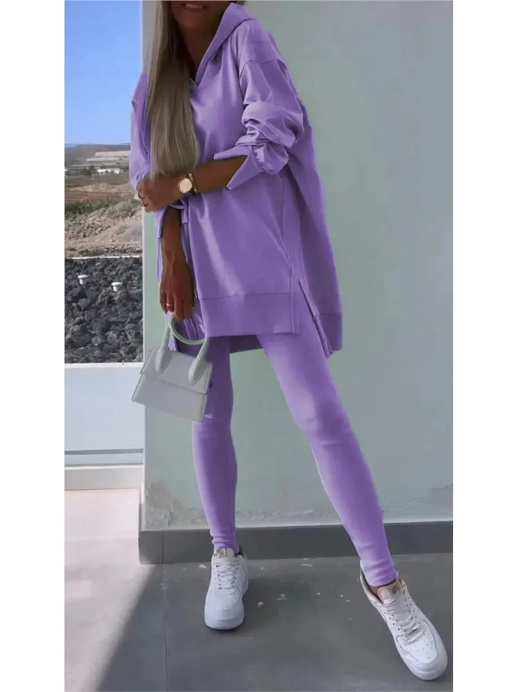 Autumn Winter Fashion Solid Color Split Two Piece Sets Women Hooded Long Sleeved Sweatshirt Tight Pants Casual Two Piece Set image 4