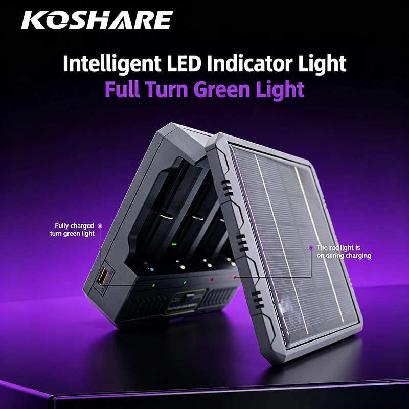 

KOSHARE Smart LED Lithium Battery Charger 4 Slots Independent Charging For 26650 21700 18500 16340 14500 18650 Li-ion Batteries