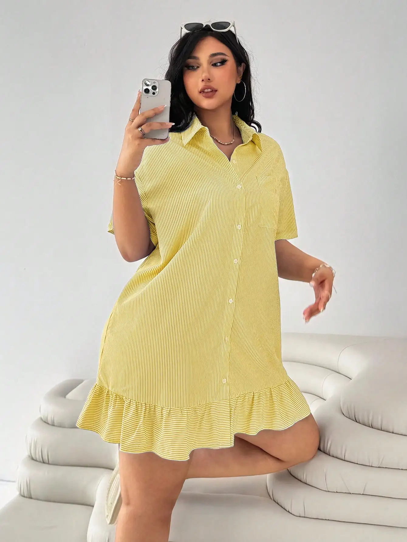 

Yellow Striped Short Sleeve Ruffle Hem Loose Casual Shirt Dress For Women